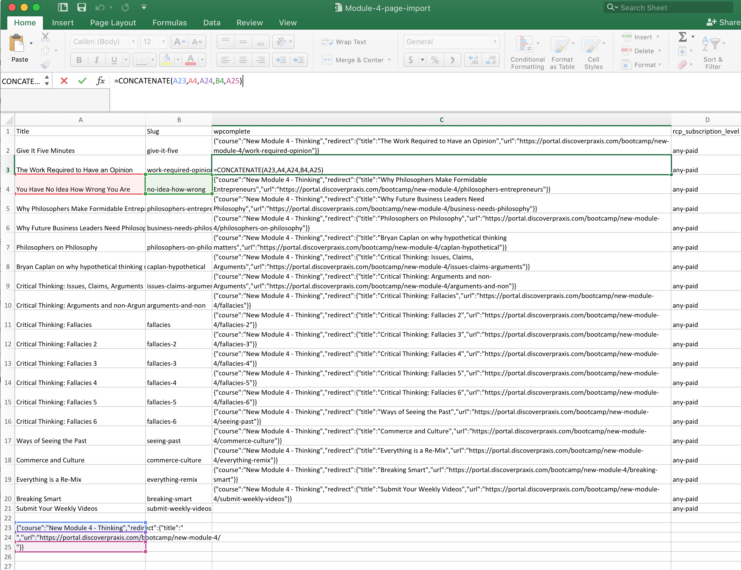 Building JSON for WPComplete in Excel with Concatenate
